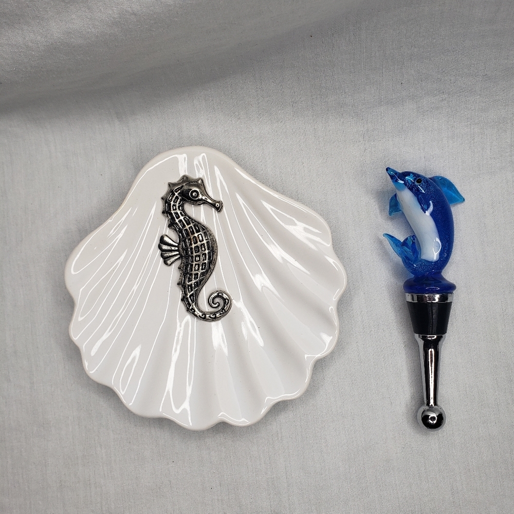 Glass Dolphin Bottle Stopper and Small Ceramic Shell Dish/Tray with Seahorse